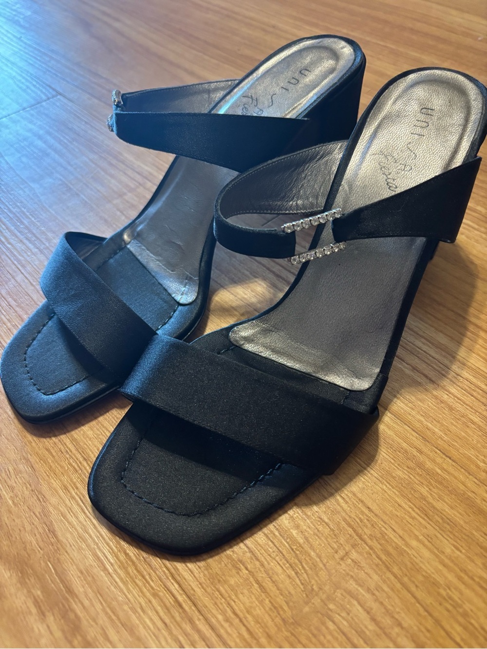 UNISA Black Rhinestone Double-Strap Heeled Slides